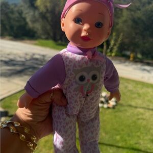 Plush Owl-Print Baby Doll in Pink and Lavender Outfit
